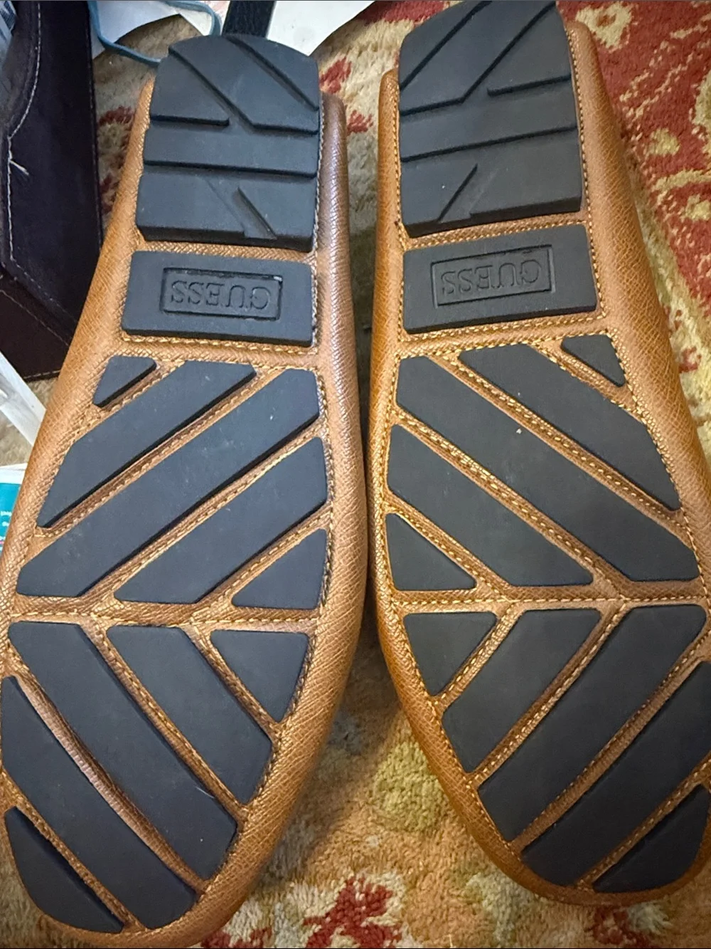 GUESS Tan Leather Loafer with Blue-Striped Accent